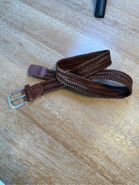 Braided Brown Leather Belt with Solid Brass Silver Buckle size 34